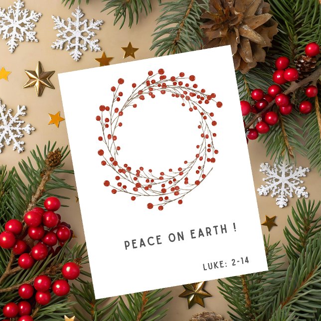 Weihnachtskarte mit Bibelvers Feiertagskarte (Christmas greeting card with red berry wreath and Luke 2:14  Bible verse on white background.)