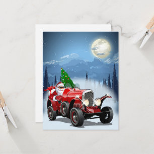Weihnachtskarte mit Cartoon Retroauto & cool Santa