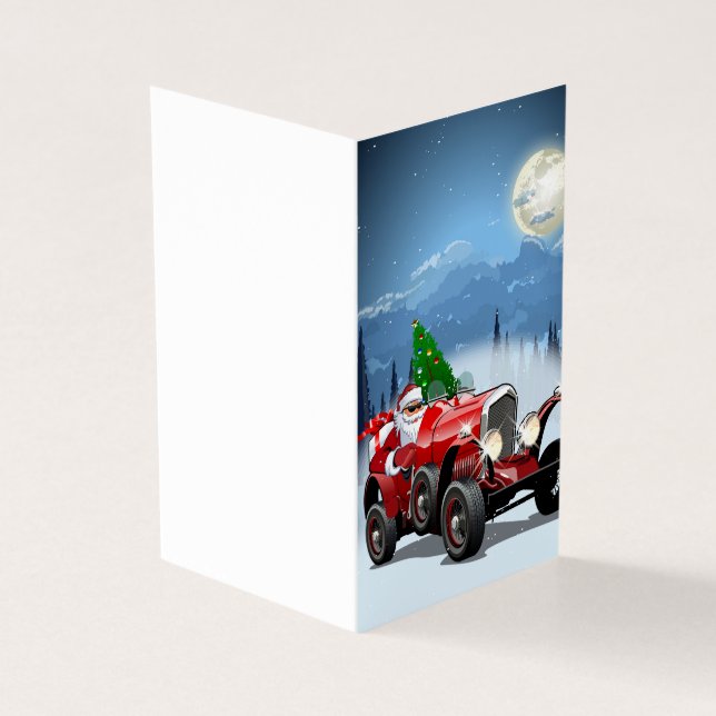 Weihnachtskarte mit Cartoon Retroauto & cool Santa (Vorderseite)