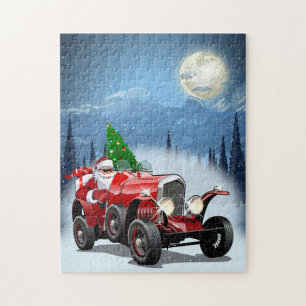 Weihnachtskarte mit Cartoon Retroauto & cool Santa