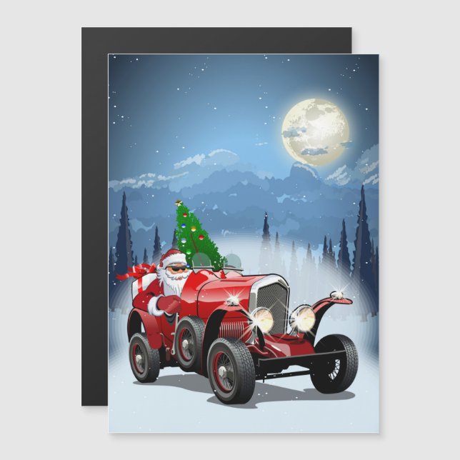 Weihnachtskarte mit Cartoon Retroauto & cool Santa Magnetkarte (Vorne/Hinten)
