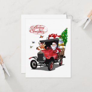 Weihnachtskarte mit Cartoon Santa und Hirsche