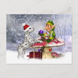 Weihnachtskarte mit Dalmatiner-Welpe und Elf Feiertagspostkarte