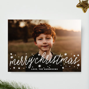 Weihnachtskarte mit großem Foto und weißer Schrift Feiertagskarte