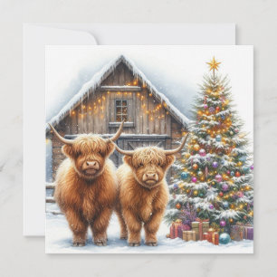 Weihnachtskarte mit Highland-Kühen, Baum und Scheu Karte