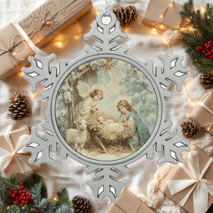 Weihnachtskarte mit Jesuskind in einer Krippe und Schneeflocken Zinn-Ornament