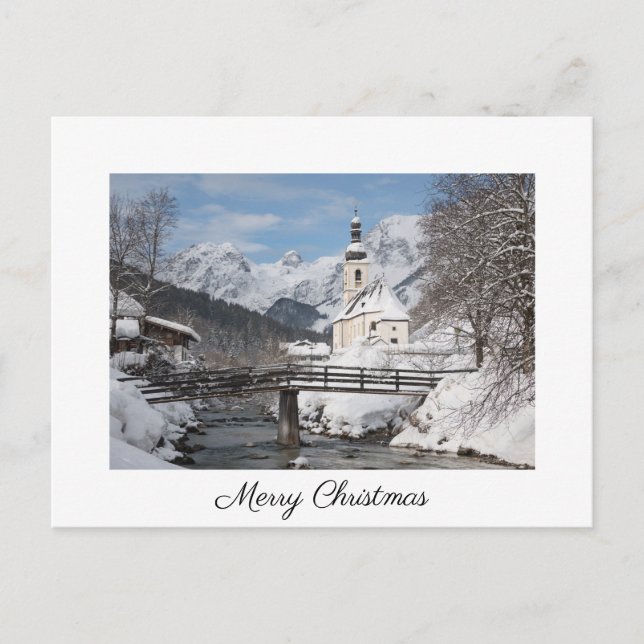 Weihnachtskarte mit Kirche im Schnee in den Alpen Postkarte (Vorderseite)