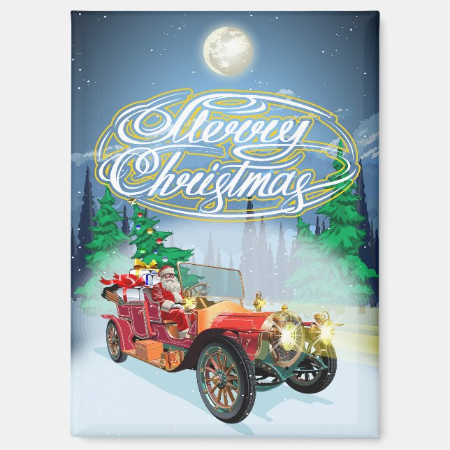 Weihnachtskarte mit Oldtimer und Weihnachtsmann Magnet (Vorderseite)