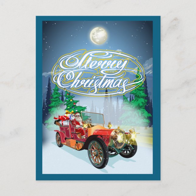 Weihnachtskarte mit Oldtimer und Weihnachtsmann Postkarte (Vorderseite)