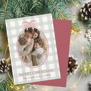 Weihnachtskarte mit Ornamentrahmen und Gingham-Mus Einladung