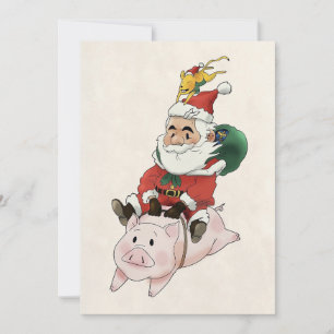 Weihnachtskarte mit Santa auf einem Schwein und ei Einladung