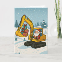 Weihnachtskarte mit Santa im Bagger, der Geschenke