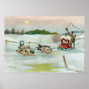 Weihnachtskarte mit Schlitten und Reis Poster