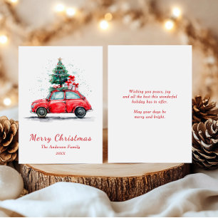 Weihnachtskarte mit Wasserfarben - Rotes Auto mit  Feiertagskarte