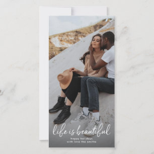 Weihnachtskarte mit weißer Schrift und Foto Feiertagskarte
