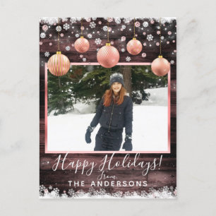 Weihnachtskarte mit Winter-Schnee und rosa Ornamen Feiertagspostkarte