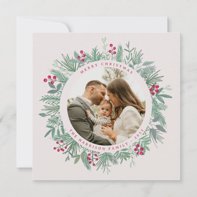 Weihnachtskarte mit Wintergrün und Foto Feiertagskarte (Vorderseite)