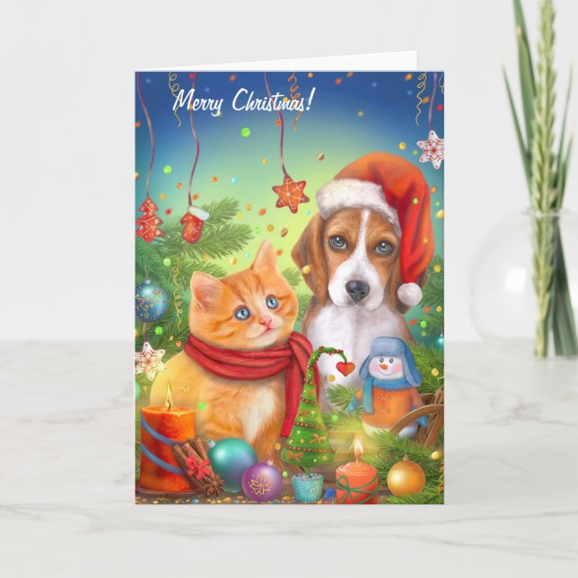 Weihnachtskarte. Niedliche Katze und Hund. Frische Karte (Vorderseite)