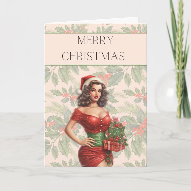 Weihnachtskarte Pinup Brünett mit Geschenken Karte (Vorderseite)