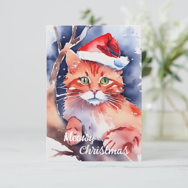 Weihnachtskarte Santa Cat - "Meowy Holidays" (Stehend Vorderseite)