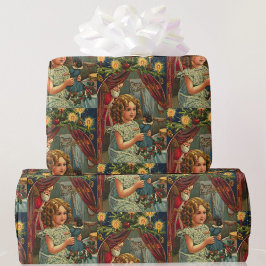 Weihnachtskarte Santa Girl u Puppe Geschenkpapier