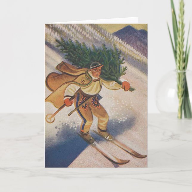 Weihnachtskarte | Skifahren Weihnachtsbaum Feiertagskarte (Vorderseite)