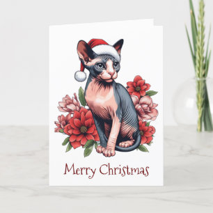Weihnachtskarte   Sphynx-Katze mit Santa-Mütze Karte