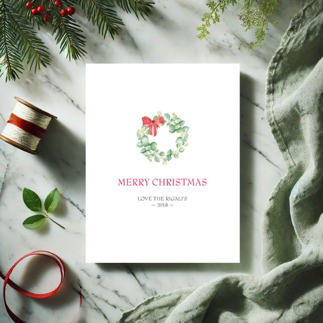 Weihnachtskarte, Weihnachtskarte Feiertagskarte (Simple Christmas card watercolor botanical wreath in shades of red and green by Victoria Grigaliunas)