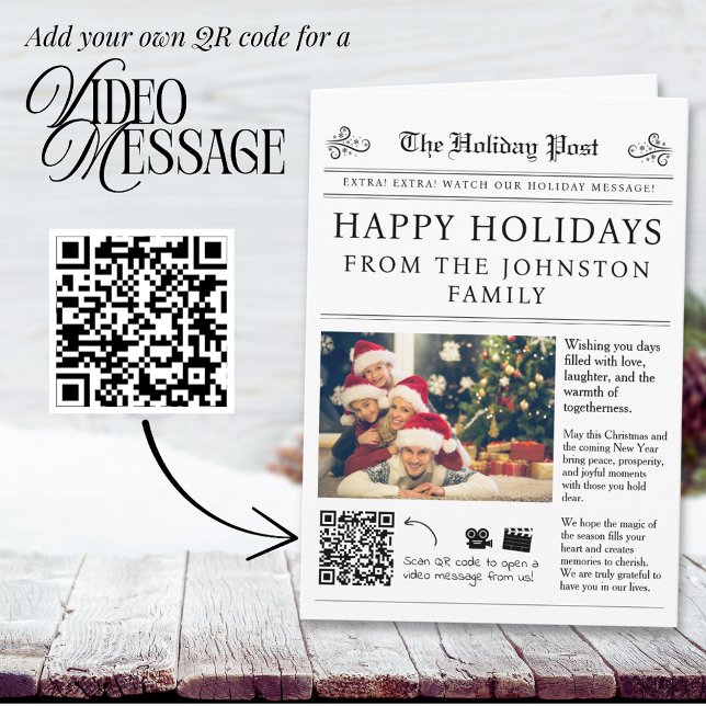Weihnachtskarte Zeitungs-QR-Code  Karte (Newspaper Christmas Card with QR code for your family video message)