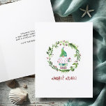 Weihnachtskarten für Watercolor Wreath Beach Feiertagskarte<br><div class="desc">Verbringen Sie tropischen Feiertag mit dieser niedlichen Weihnachtskarte am Strand! Mit meinem handbemalten Weihnachtsgnom in Aquarell in einem rosa Flamingo-Shirt und einem langen festlichen Hut ist er umgeben von einem Kranz im Bauernstil aus Grün und roten Beeren auf einem knusprigen weißen Hintergrund. In einem modernen, handgeschriebenen Schriftsatz erscheinen die Worte...</div>