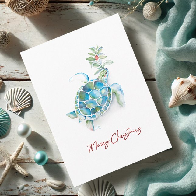 Weihnachtskarten Küstenstreifen Meeresschildkröte Karte (Beach Christmas cards watercolor sea turtle art by Victoria Grigaliunas Do Tell A Belle)