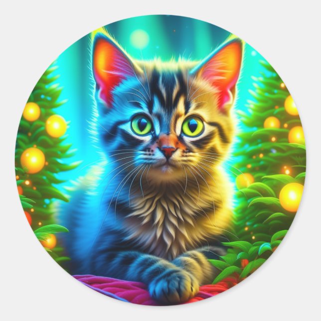 Weihnachtskat und Weihnachtsbaumleuchten Runder Aufkleber (Vorderseite)