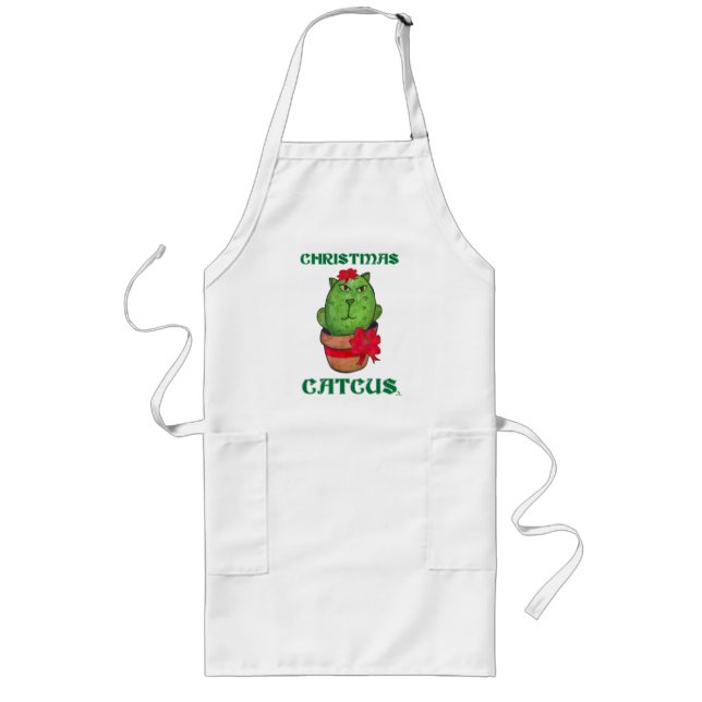 Weihnachtskatcus Holiday Cactus Cartoon Cat Lange Schürze (Vorne)