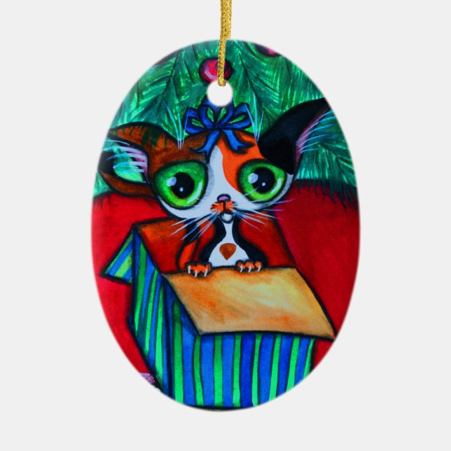 Weihnachtskatzchen in Geschenkschmuck Keramik Ornament (Vorne)