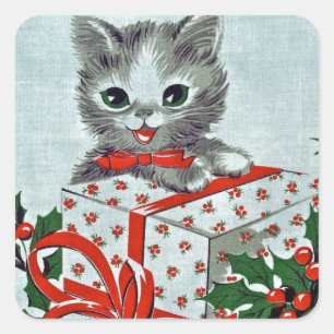 Weihnachtskatzchen mit Geschenk Quadratischer Aufkleber