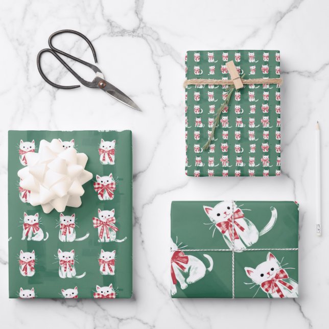 Weihnachtskätzchen mit Geschenkbogen Geschenkpapier Set (Vorderseite)