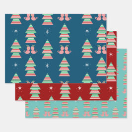 Weihnachtskätzchen Schneeflocken Baum Feierlicher  Geschenkpapier Set