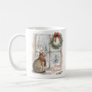 Weihnachtskatze am Fenster mit Kranz Kaffeetasse