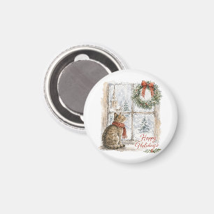Weihnachtskatze am Fenster mit Kranz Magnet