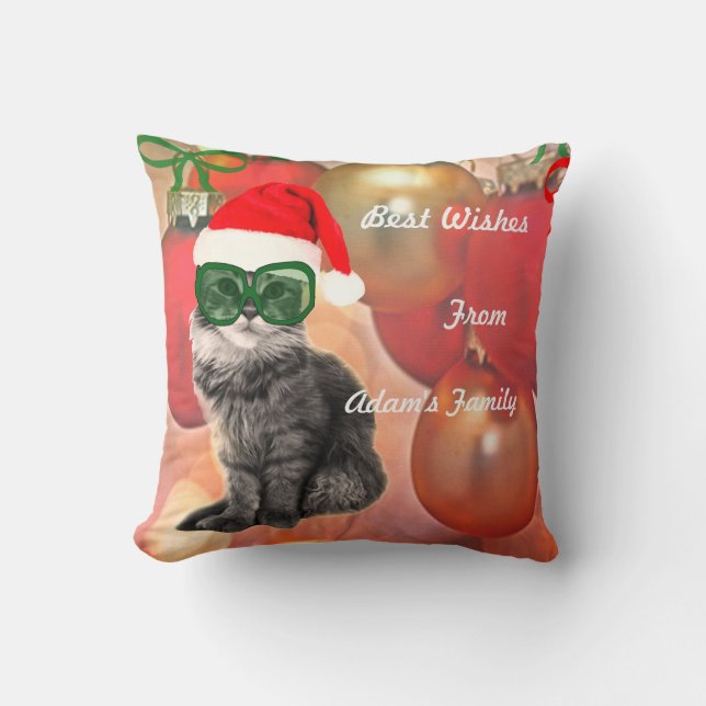 Weihnachtskatze auf Baubles Hintergrund Kissen (Vorderseite)