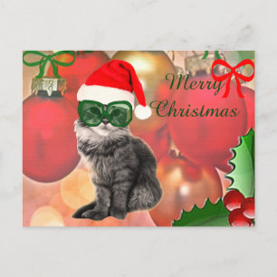 Weihnachtskatze auf Weihnachtskugel-Hintergrund Feiertagspostkarte