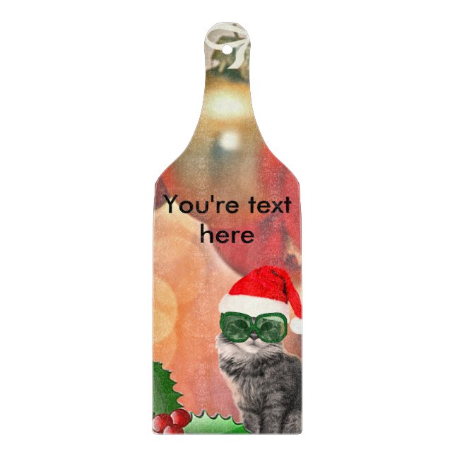 Weihnachtskatze auf Weihnachtskugel-Hintergrund Schneidebrett (Vorderseite)