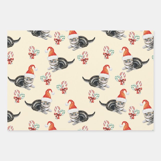 Weihnachtskatze & Candy Cane, Men Women & Kids Geschenkpapier Set (Vorderseite)
