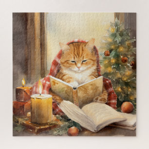 Weihnachtskatze drei liest Vintage-Karte