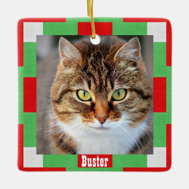 Weihnachtskatze Foto Name Rot Grün Keramikornament (Vorderseite)