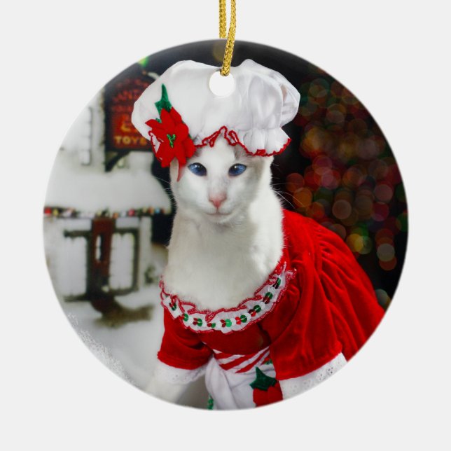 Weihnachtskatze - Frau Claws Christmas Cat Keramik Ornament (Vorne)