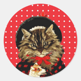 Weihnachtskatze Holding Hundsticker Runder Aufkleber