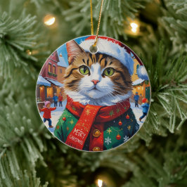 Weihnachtskatze im Nikolaushut Keramik Ornament