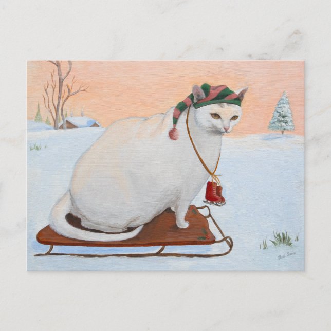 Weihnachtskatze im Schnee Feiertagspostkarte (Vorderseite)