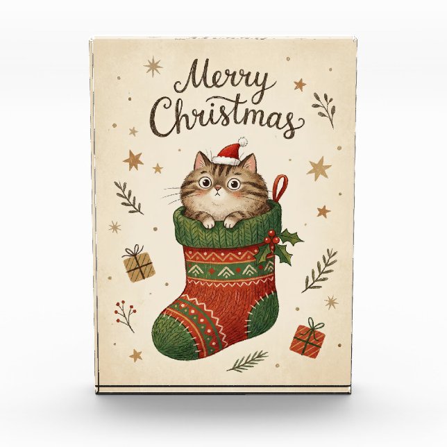 Weihnachtskatze im Strumpf Fotoblock (Vorderseite)